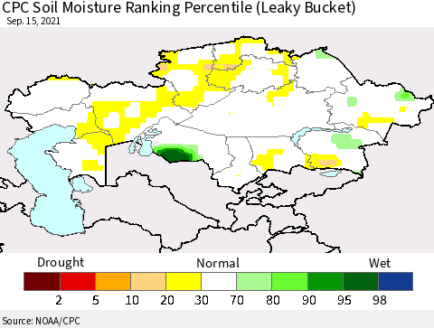 Kazakhstan CPC Soil Moisture Ranking Percentile (Leaky Bucket) Thematic Map For 9/11/2021 - 9/15/2021