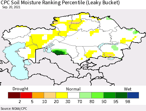 Kazakhstan CPC Soil Moisture Ranking Percentile (Leaky Bucket) Thematic Map For 9/16/2021 - 9/20/2021