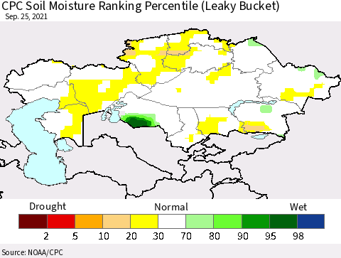 Kazakhstan CPC Soil Moisture Ranking Percentile (Leaky Bucket) Thematic Map For 9/21/2021 - 9/25/2021