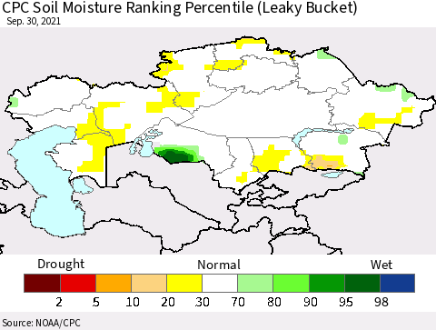 Kazakhstan CPC Soil Moisture Ranking Percentile (Leaky Bucket) Thematic Map For 9/26/2021 - 9/30/2021