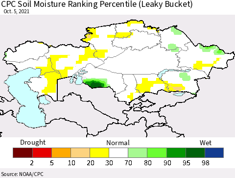 Kazakhstan CPC Soil Moisture Ranking Percentile (Leaky Bucket) Thematic Map For 10/1/2021 - 10/5/2021