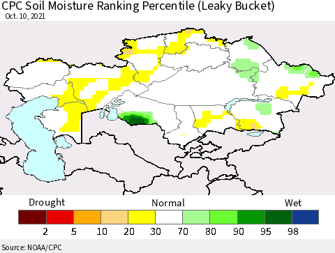 Kazakhstan CPC Soil Moisture Ranking Percentile (Leaky Bucket) Thematic Map For 10/6/2021 - 10/10/2021