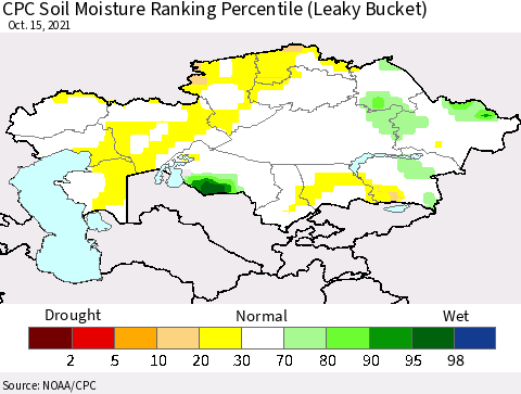 Kazakhstan CPC Soil Moisture Ranking Percentile (Leaky Bucket) Thematic Map For 10/11/2021 - 10/15/2021