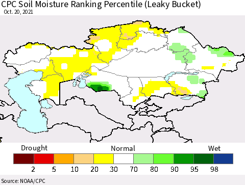 Kazakhstan CPC Soil Moisture Ranking Percentile (Leaky Bucket) Thematic Map For 10/16/2021 - 10/20/2021