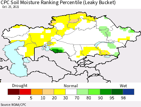 Kazakhstan CPC Soil Moisture Ranking Percentile (Leaky Bucket) Thematic Map For 10/21/2021 - 10/25/2021