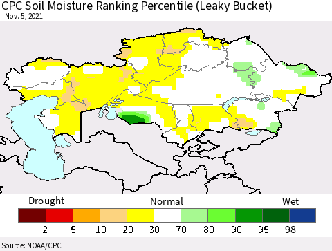 Kazakhstan CPC Soil Moisture Ranking Percentile (Leaky Bucket) Thematic Map For 11/1/2021 - 11/5/2021