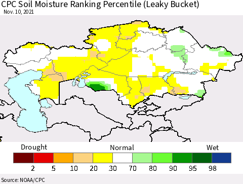 Kazakhstan CPC Soil Moisture Ranking Percentile (Leaky Bucket) Thematic Map For 11/6/2021 - 11/10/2021