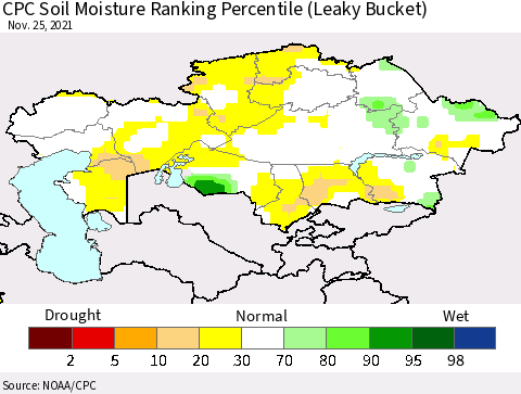 Kazakhstan CPC Soil Moisture Ranking Percentile (Leaky Bucket) Thematic Map For 11/21/2021 - 11/25/2021