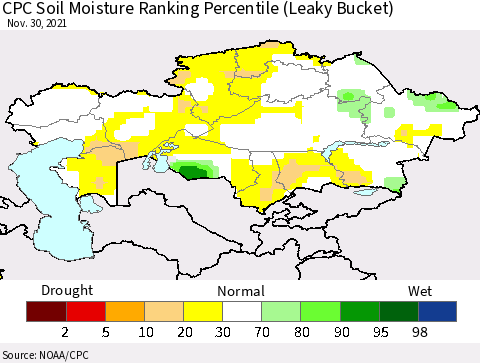 Kazakhstan CPC Soil Moisture Ranking Percentile (Leaky Bucket) Thematic Map For 11/26/2021 - 11/30/2021