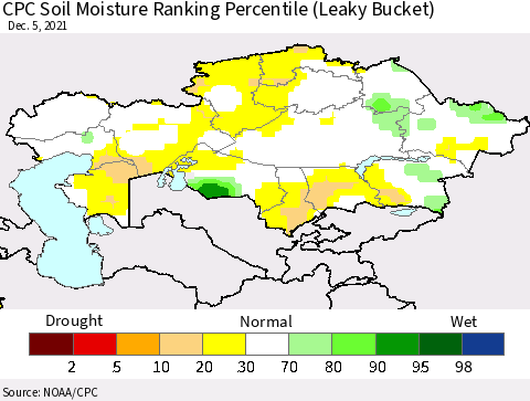 Kazakhstan CPC Soil Moisture Ranking Percentile (Leaky Bucket) Thematic Map For 12/1/2021 - 12/5/2021