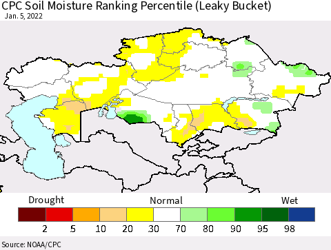 Kazakhstan CPC Soil Moisture Ranking Percentile (Leaky Bucket) Thematic Map For 1/1/2022 - 1/5/2022