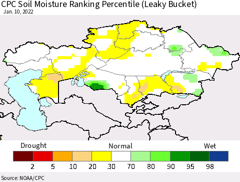 Kazakhstan CPC Soil Moisture Ranking Percentile (Leaky Bucket) Thematic Map For 1/6/2022 - 1/10/2022