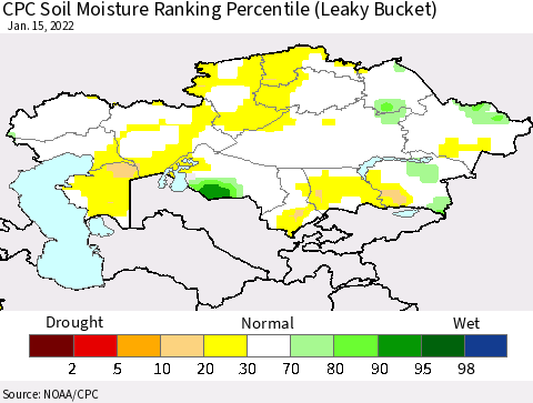 Kazakhstan CPC Soil Moisture Ranking Percentile (Leaky Bucket) Thematic Map For 1/11/2022 - 1/15/2022