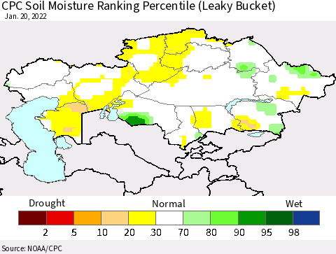 Kazakhstan CPC Soil Moisture Ranking Percentile (Leaky Bucket) Thematic Map For 1/16/2022 - 1/20/2022