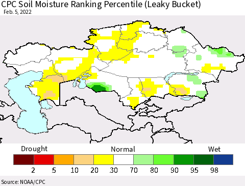Kazakhstan CPC Soil Moisture Ranking Percentile (Leaky Bucket) Thematic Map For 2/1/2022 - 2/5/2022