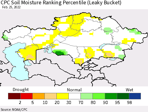 Kazakhstan CPC Soil Moisture Ranking Percentile (Leaky Bucket) Thematic Map For 2/21/2022 - 2/25/2022