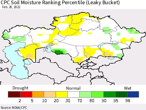 Kazakhstan CPC Soil Moisture Ranking Percentile (Leaky Bucket) Thematic Map For 2/26/2022 - 2/28/2022