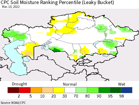 Kazakhstan CPC Soil Moisture Ranking Percentile (Leaky Bucket) Thematic Map For 3/6/2022 - 3/10/2022
