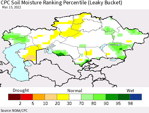 Kazakhstan CPC Soil Moisture Ranking Percentile (Leaky Bucket) Thematic Map For 3/11/2022 - 3/15/2022