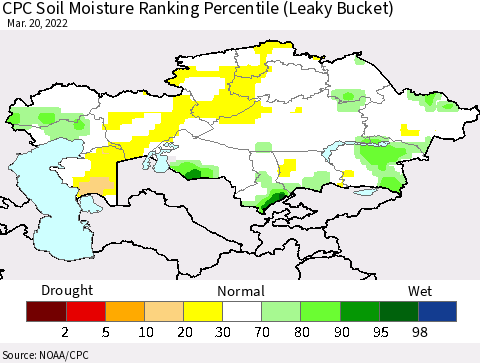Kazakhstan CPC Soil Moisture Ranking Percentile (Leaky Bucket) Thematic Map For 3/16/2022 - 3/20/2022