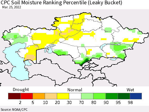 Kazakhstan CPC Soil Moisture Ranking Percentile (Leaky Bucket) Thematic Map For 3/21/2022 - 3/25/2022