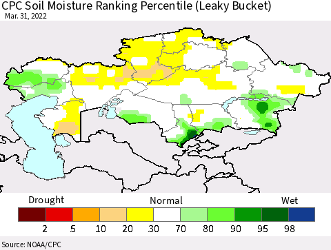 Kazakhstan CPC Soil Moisture Ranking Percentile (Leaky Bucket) Thematic Map For 3/26/2022 - 3/31/2022