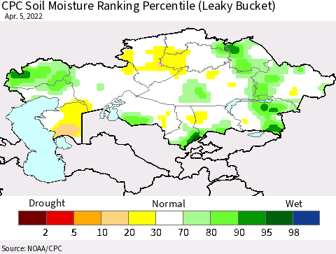 Kazakhstan CPC Soil Moisture Ranking Percentile (Leaky Bucket) Thematic Map For 4/1/2022 - 4/5/2022