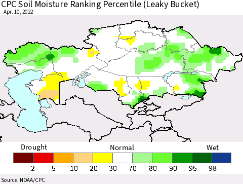 Kazakhstan CPC Soil Moisture Ranking Percentile (Leaky Bucket) Thematic Map For 4/6/2022 - 4/10/2022