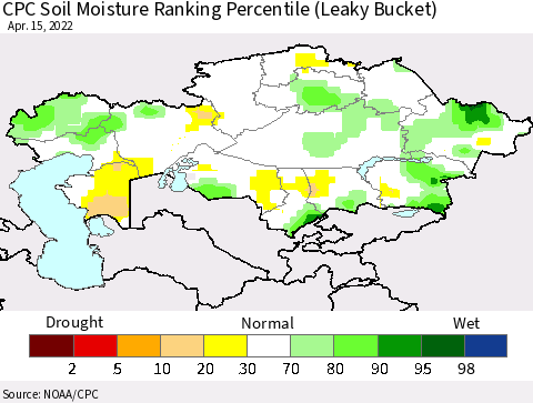 Kazakhstan CPC Soil Moisture Ranking Percentile (Leaky Bucket) Thematic Map For 4/11/2022 - 4/15/2022