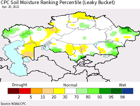 Kazakhstan CPC Soil Moisture Ranking Percentile (Leaky Bucket) Thematic Map For 4/16/2022 - 4/20/2022