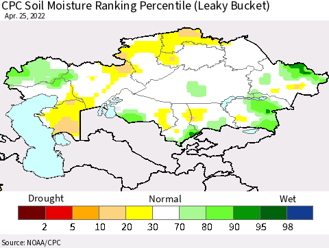 Kazakhstan CPC Soil Moisture Ranking Percentile (Leaky Bucket) Thematic Map For 4/21/2022 - 4/25/2022
