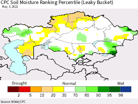 Kazakhstan CPC Soil Moisture Ranking Percentile (Leaky Bucket) Thematic Map For 5/1/2022 - 5/5/2022
