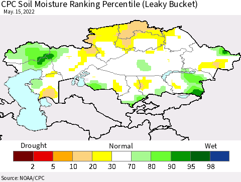 Kazakhstan CPC Soil Moisture Ranking Percentile (Leaky Bucket) Thematic Map For 5/11/2022 - 5/15/2022