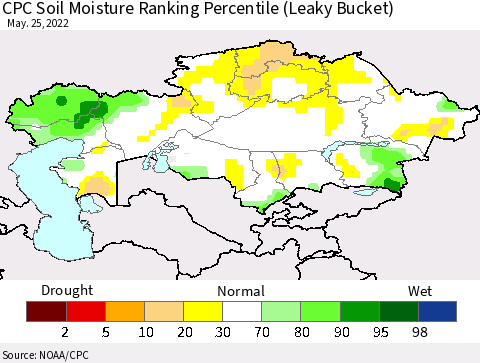 Kazakhstan CPC Soil Moisture Ranking Percentile (Leaky Bucket) Thematic Map For 5/21/2022 - 5/25/2022