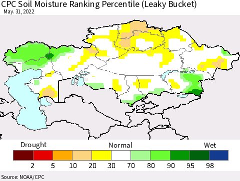 Kazakhstan CPC Soil Moisture Ranking Percentile (Leaky Bucket) Thematic Map For 5/26/2022 - 5/31/2022