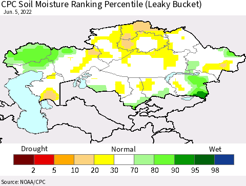 Kazakhstan CPC Soil Moisture Ranking Percentile (Leaky Bucket) Thematic Map For 6/1/2022 - 6/5/2022