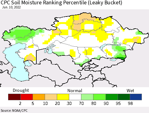 Kazakhstan CPC Soil Moisture Ranking Percentile (Leaky Bucket) Thematic Map For 6/6/2022 - 6/10/2022