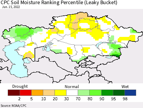 Kazakhstan CPC Soil Moisture Ranking Percentile (Leaky Bucket) Thematic Map For 6/11/2022 - 6/15/2022