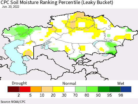 Kazakhstan CPC Soil Moisture Ranking Percentile (Leaky Bucket) Thematic Map For 6/16/2022 - 6/20/2022