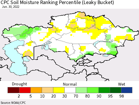 Kazakhstan CPC Soil Moisture Ranking Percentile (Leaky Bucket) Thematic Map For 6/26/2022 - 6/30/2022