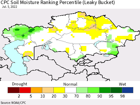 Kazakhstan CPC Soil Moisture Ranking Percentile (Leaky Bucket) Thematic Map For 7/1/2022 - 7/5/2022