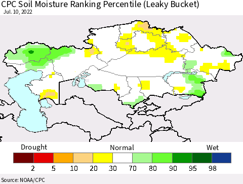 Kazakhstan CPC Soil Moisture Ranking Percentile (Leaky Bucket) Thematic Map For 7/6/2022 - 7/10/2022