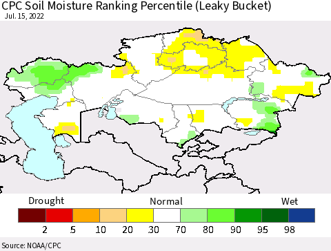 Kazakhstan CPC Soil Moisture Ranking Percentile (Leaky Bucket) Thematic Map For 7/11/2022 - 7/15/2022