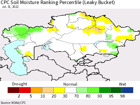 Kazakhstan CPC Soil Moisture Ranking Percentile (Leaky Bucket) Thematic Map For 7/26/2022 - 7/31/2022