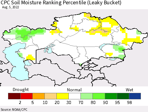 Kazakhstan CPC Soil Moisture Ranking Percentile (Leaky Bucket) Thematic Map For 8/1/2022 - 8/5/2022