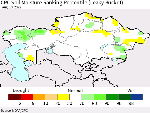 Kazakhstan CPC Soil Moisture Ranking Percentile (Leaky Bucket) Thematic Map For 8/6/2022 - 8/10/2022