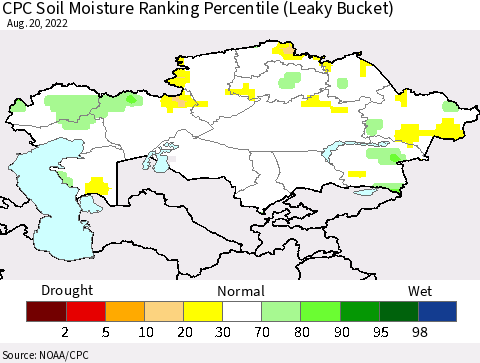 Kazakhstan CPC Soil Moisture Ranking Percentile (Leaky Bucket) Thematic Map For 8/16/2022 - 8/20/2022