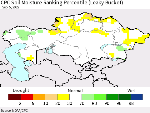 Kazakhstan CPC Soil Moisture Ranking Percentile (Leaky Bucket) Thematic Map For 9/1/2022 - 9/5/2022