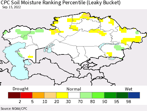 Kazakhstan CPC Soil Moisture Ranking Percentile (Leaky Bucket) Thematic Map For 9/11/2022 - 9/15/2022