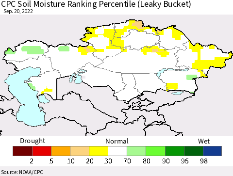 Kazakhstan CPC Soil Moisture Ranking Percentile (Leaky Bucket) Thematic Map For 9/16/2022 - 9/20/2022